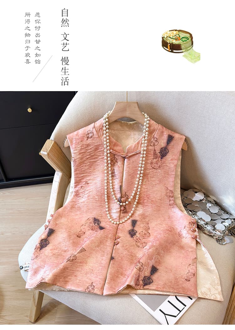 양면 더블 착용 자카드 새로운 중식 국풍 조끼 여자 외국 가스 단추 핑크색 연령 감소 국가 트렌디 어깨 오픈 가디건 상세 이미지 10
