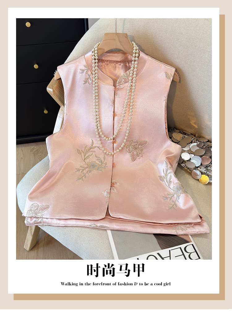 새로운 중식 스탠드 칼라 싱글 줄 버튼 자수 아세트산 단조 봄 가을 국풍 품격 베스트 맨위 상세 이미지 1