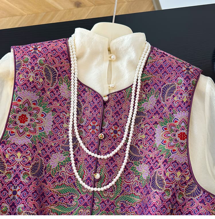 새로운 중식 패션 다용도 자카드 조끼 여자 봄 여름 섹션 단추 라운드 넥 스택 착용 조끼 국풍 조끼 맨위 상세 이미지 13