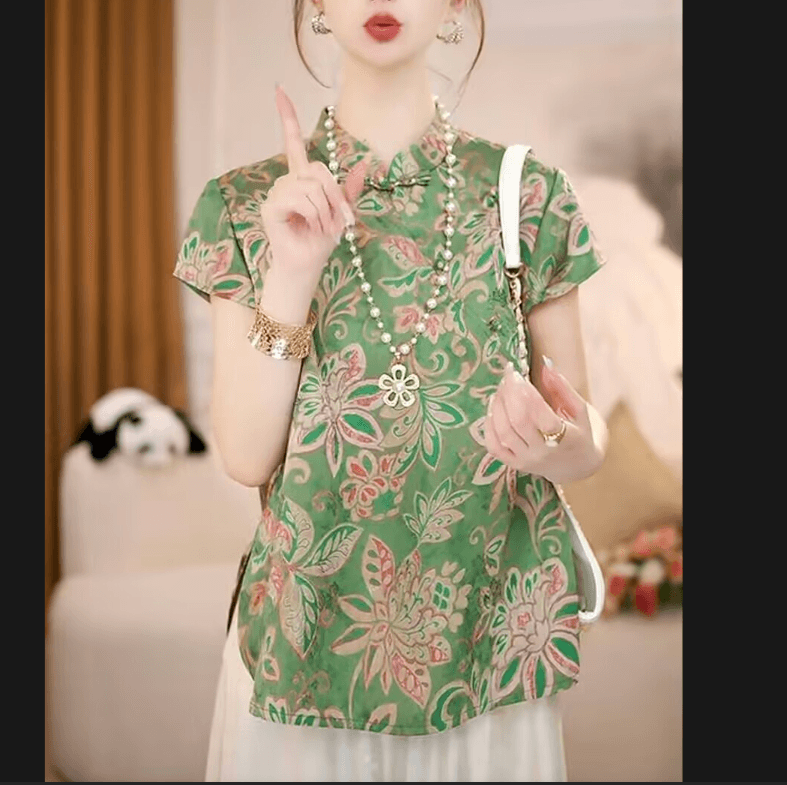 녹색 요금 사직 리 리 새로운 중식 스탠드 칼라 통기성 반팔 차가운 센스 아모이 얇고 가벼운 맨위 작은 셔츠