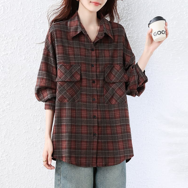 한 스타일 체크무늬 연삭 털 여성 셔츠 중간 길이 캐주얼 빅 사이즈 루즈핏 세련된 맨위 표지 배 슬림해 보이는 패션 셔츠 이미지 3