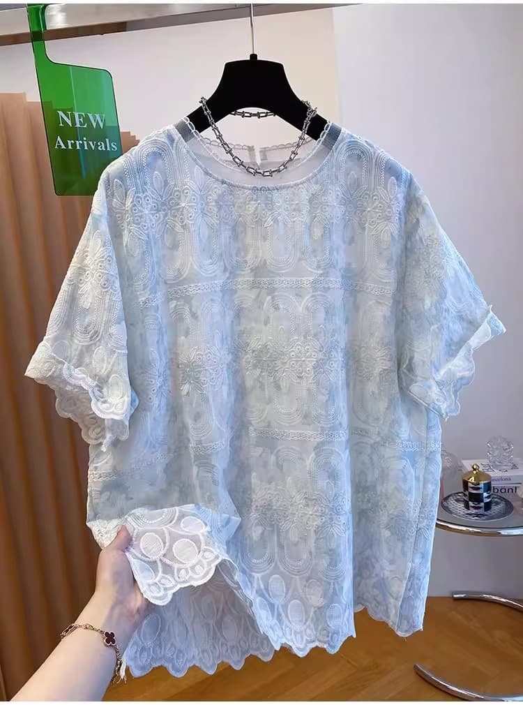 유럽 상품 빅 사이즈 여성 의류 레이스 자카드 반팔 티셔츠 여름 새로운 루즈핏 슬림해 보이는 외국 가스 작은 셔츠 블라우스 맨위 상세 이미지 6