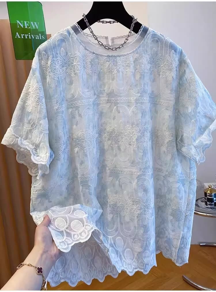 유럽 상품 빅 사이즈 여성 의류 레이스 자카드 반팔 티셔츠 여름 새로운 루즈핏 슬림해 보이는 외국 가스 작은 셔츠 블라우스 맨위 상세 이미지 7