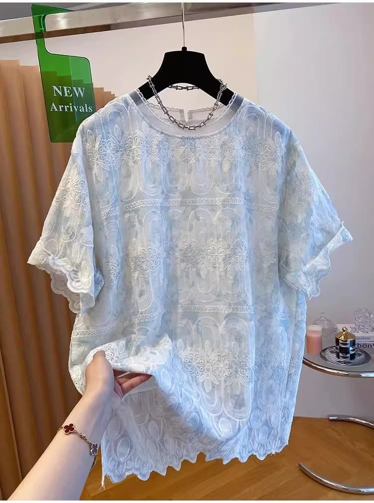 유럽 상품 빅 사이즈 여성 의류 레이스 자카드 반팔 티셔츠 여름 새로운 루즈핏 슬림해 보이는 외국 가스 작은 셔츠 블라우스 맨위 상세 이미지 8