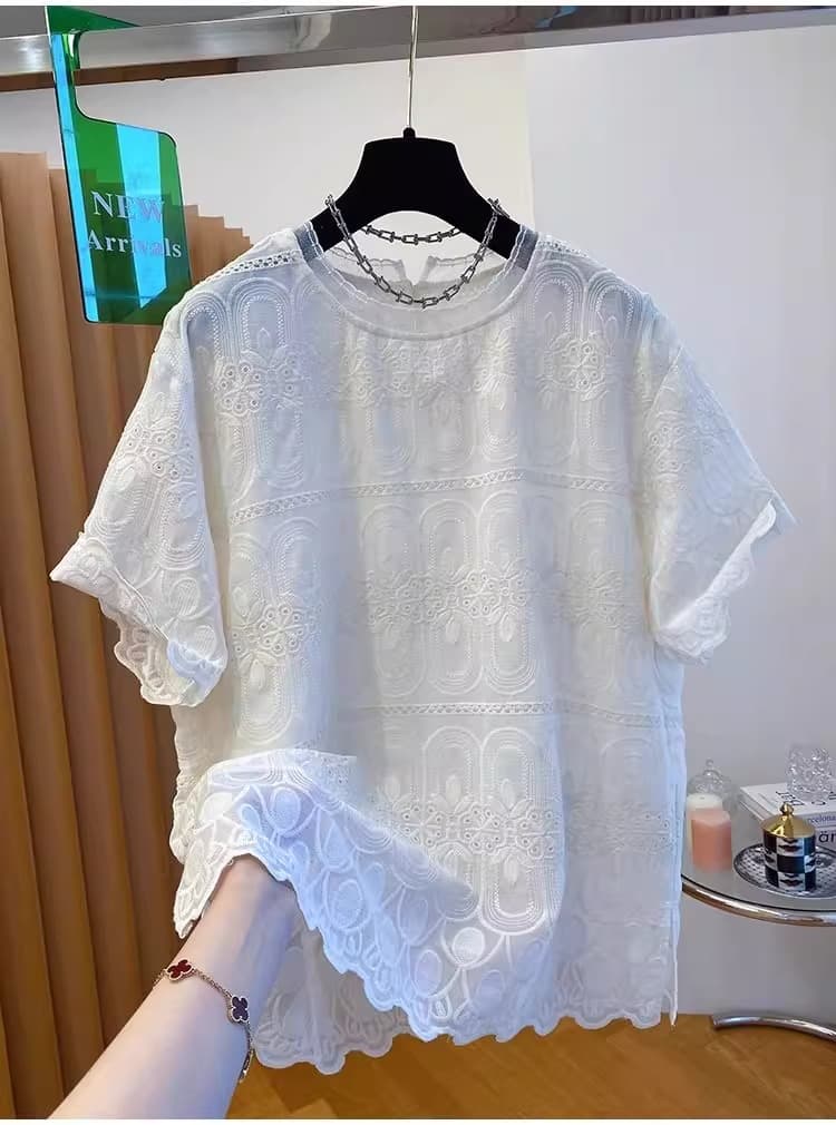 유럽 상품 빅 사이즈 여성 의류 레이스 자카드 반팔 티셔츠 여름 새로운 루즈핏 슬림해 보이는 외국 가스 작은 셔츠 블라우스 맨위 상세 이미지 12