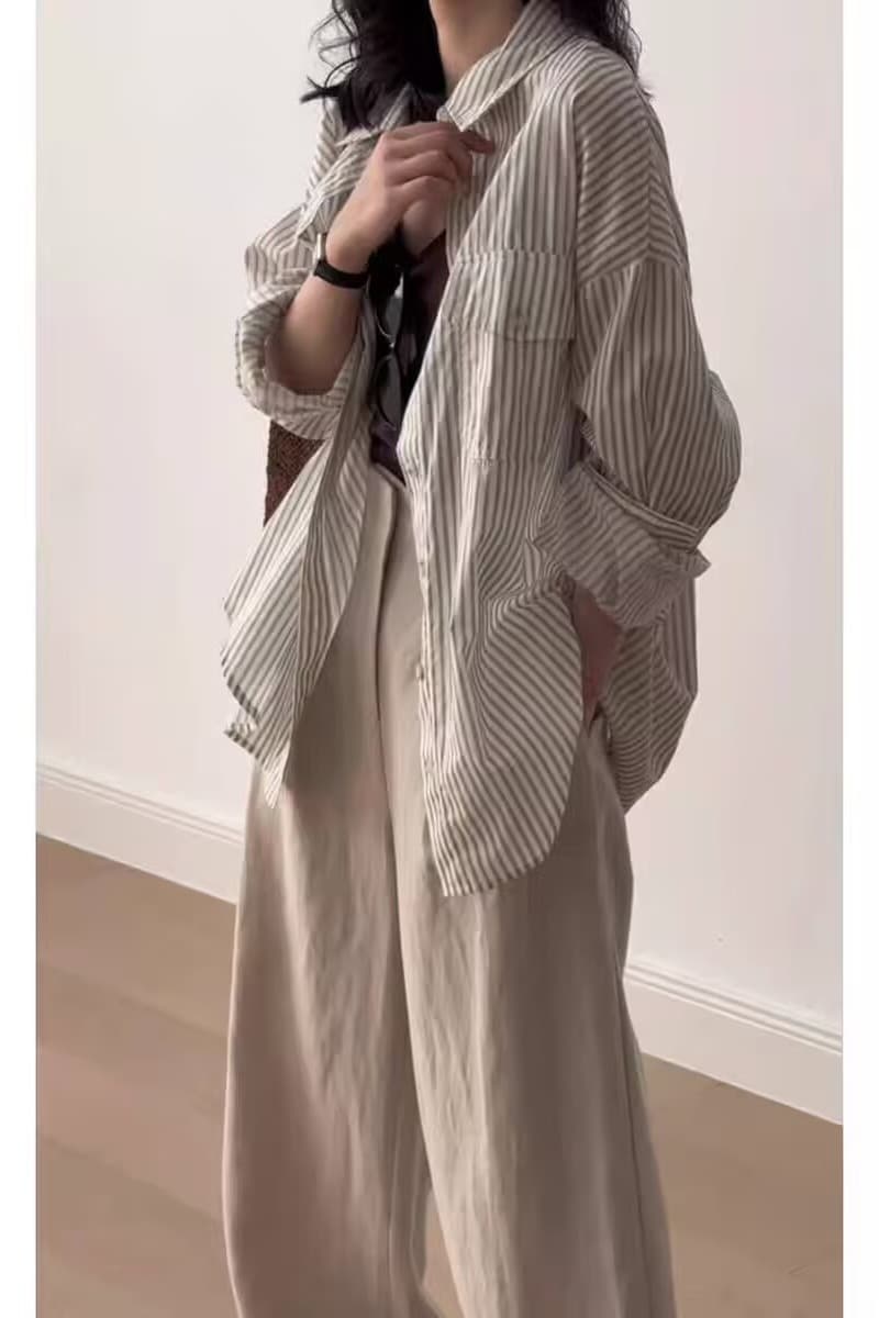 가을 의상 새로운 스트라이프 셔츠 빛 럭셔리 고급 센스 항구 바람 레트로 루즈핏 품격 맨위 캐주얼 긴팔 셔츠 이미지 6