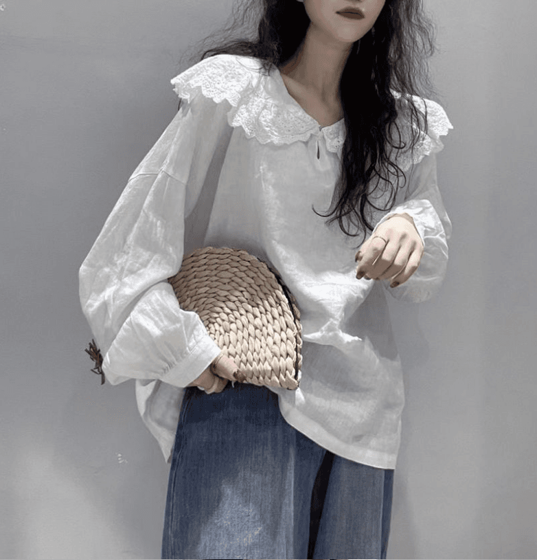 가을 의상 bolatu 품격 베이비 칼라 달콤함 디자인 작은 대중 화이트 면 린넨 재료 편안함 셔츠 상세 이미지 3
