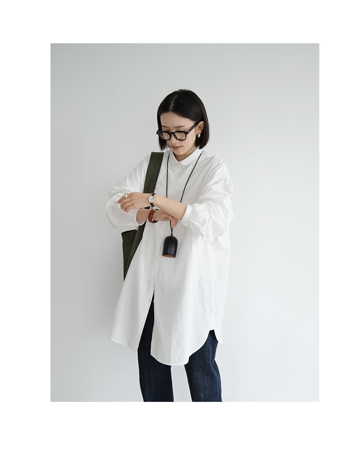 가을 의상 새로운 화이트 길다 셔츠 순면 캐주얼 다용도 작은 폴로 칼라 긴팔 중간 길이 셔츠 드레스 상세 이미지 12