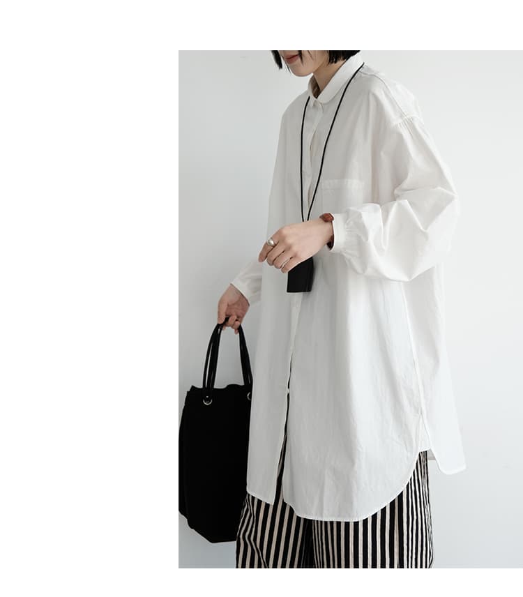 가을 의상 새로운 화이트 길다 셔츠 순면 캐주얼 다용도 작은 폴로 칼라 긴팔 중간 길이 셔츠 드레스 상세 이미지 17