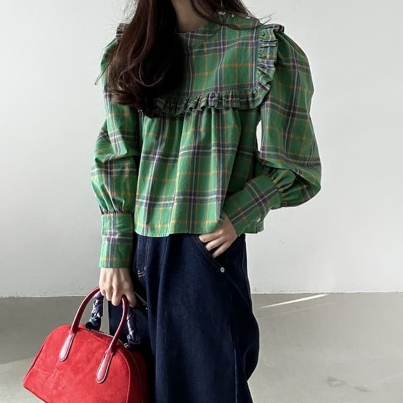 가을 의상 새로운 한국 chic 레트로 프릴 디자인 체크무늬 캐주얼 루즈핏 긴팔 인형 셔츠 셔츠 맨위