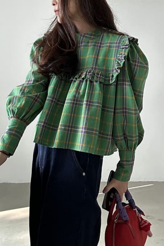 가을 의상 새로운 한국 chic 레트로 프릴 디자인 체크무늬 캐주얼 루즈핏 긴팔 인형 셔츠 셔츠 맨위 이미지 6