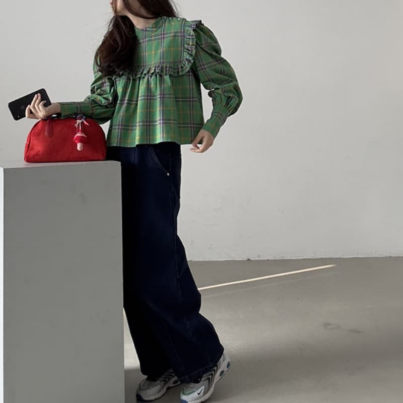 가을 의상 새로운 한국 chic 레트로 프릴 디자인 체크무늬 캐주얼 루즈핏 긴팔 인형 셔츠 셔츠 맨위 상세 이미지 3