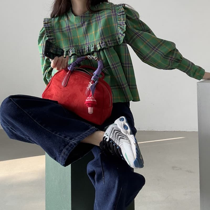 가을 의상 새로운 한국 chic 레트로 프릴 디자인 체크무늬 캐주얼 루즈핏 긴팔 인형 셔츠 셔츠 맨위 상세 이미지 5
