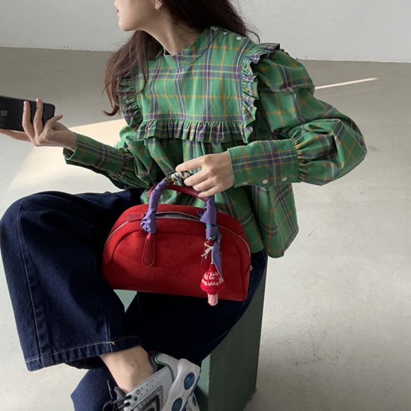가을 의상 새로운 한국 chic 레트로 프릴 디자인 체크무늬 캐주얼 루즈핏 긴팔 인형 셔츠 셔츠 맨위 상세 이미지 6