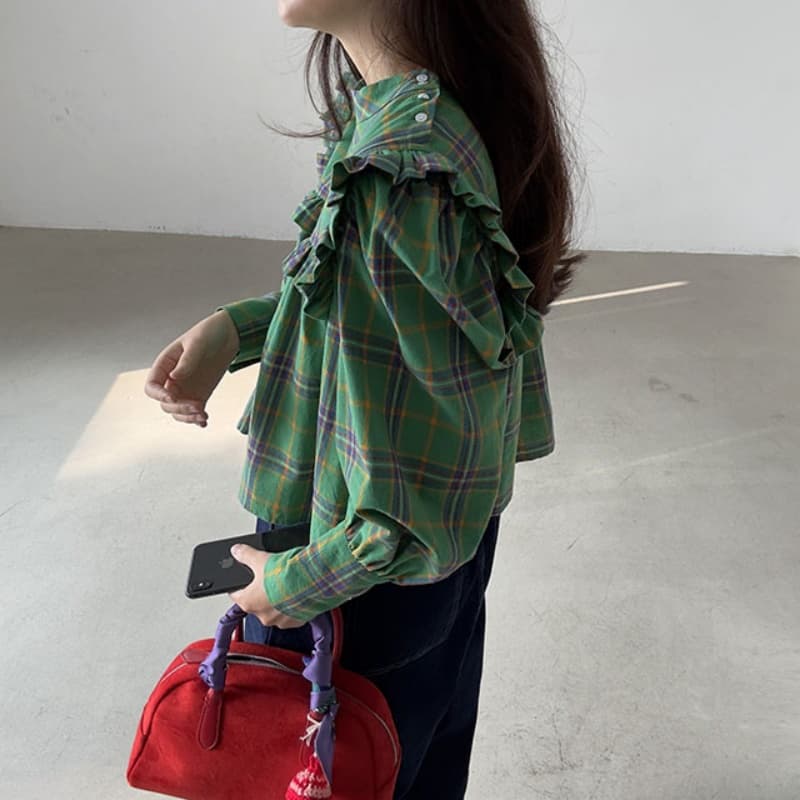 가을 의상 새로운 한국 chic 레트로 프릴 디자인 체크무늬 캐주얼 루즈핏 긴팔 인형 셔츠 셔츠 맨위 상세 이미지 7