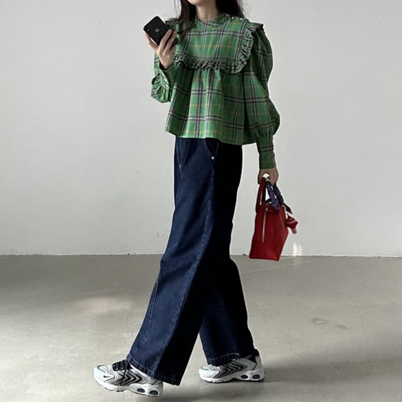 가을 의상 새로운 한국 chic 레트로 프릴 디자인 체크무늬 캐주얼 루즈핏 긴팔 인형 셔츠 셔츠 맨위 상세 이미지 15