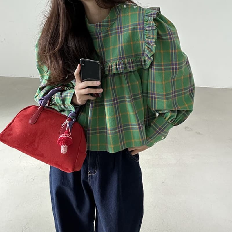 가을 의상 새로운 한국 chic 레트로 프릴 디자인 체크무늬 캐주얼 루즈핏 긴팔 인형 셔츠 셔츠 맨위 상세 이미지 18