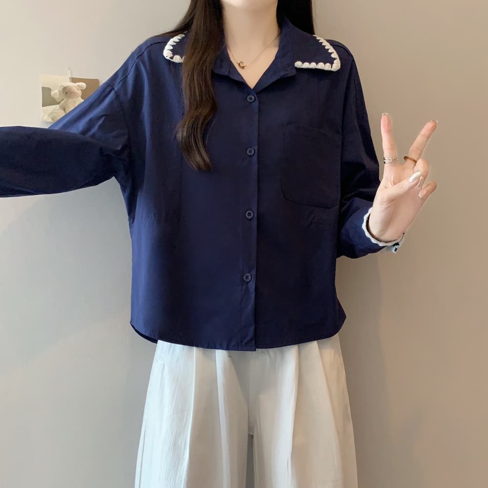 실사 2026 이른 봄 한국 스타일 자수 배색 폴로 칼라 긴팔 셔츠 연령 감소 루즈핏 슬림해 보이는 셔츠 맨위 상세 이미지 21