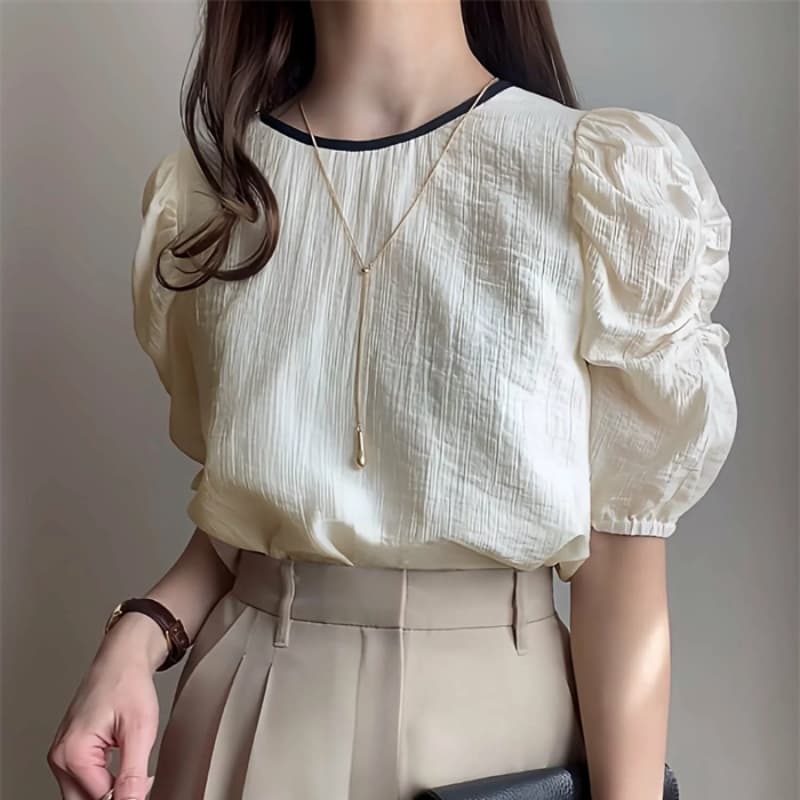 여름 드레스 새로운 프랑스식 미니멀리즘 라운드 넥 거품 소매 시폰 셔츠 여성 루즈핏 쇼트 스타일 맨위 이미지 2