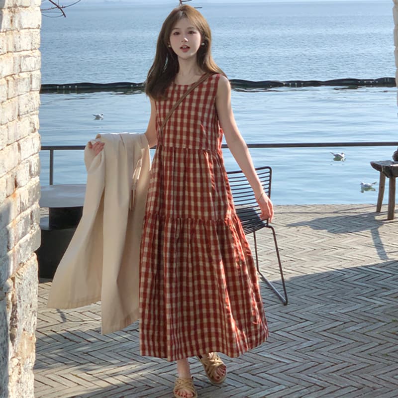 여름 드레스 빅 사이즈 여성 의류 한국 스타일 미니멀리즘 바람 체크무늬 중간 길이 슬림해 보이는 조끼 원피스 m 4xl 200 kg 이미지 5