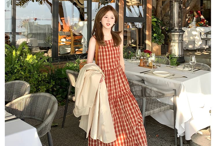 여름 드레스 빅 사이즈 여성 의류 한국 스타일 미니멀리즘 바람 체크무늬 중간 길이 슬림해 보이는 조끼 원피스 m 4xl 200 kg 상세 이미지 11