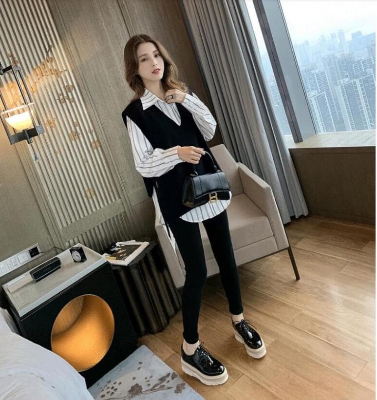 가을 의상 새로운 빅 사이즈 여성 의류 POLO 칼라 수직 기사 셔츠 베스트 빅 사이즈 투피스 세트 맨위 상세 이미지 4