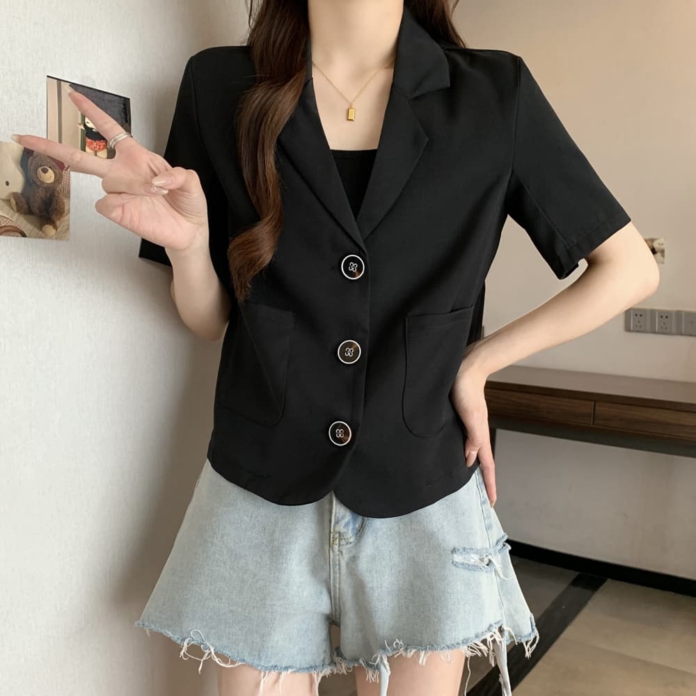 실사 한국 chic 폴로 칼라 세 버클 디자인 빅 사이즈 루즈핏 캐주얼 반팔 블레이저 m-4xl200 근 상세 이미지 20