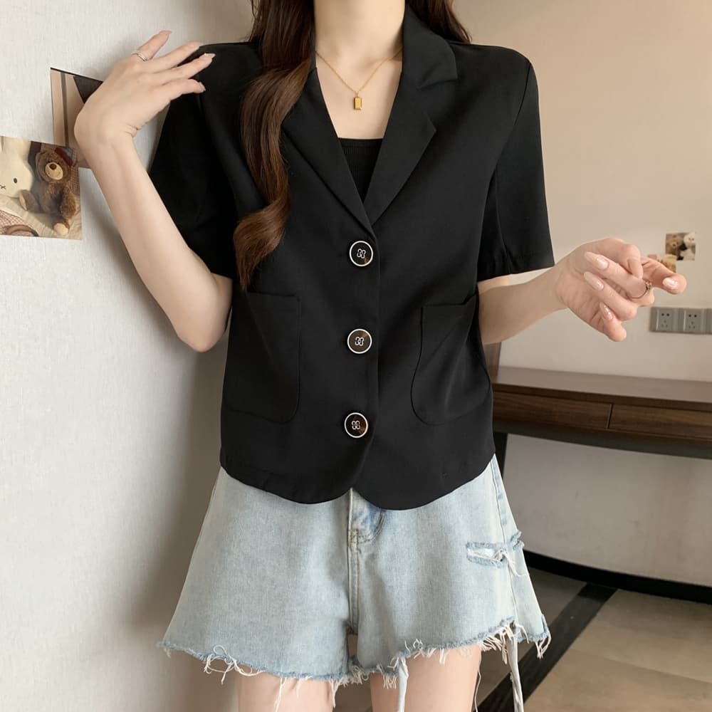 실사 한국 chic 폴로 칼라 세 버클 디자인 빅 사이즈 루즈핏 캐주얼 반팔 블레이저 m-4xl200 근 상세 이미지 21