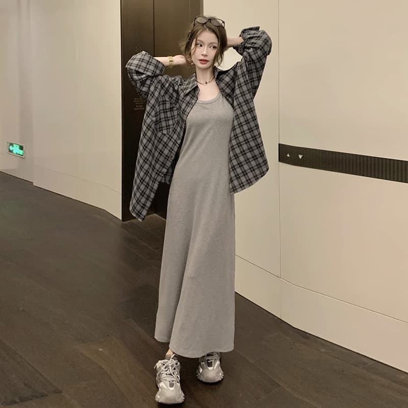 여름 드레스 새로운 빅 사이즈 여성 의류 품격 조끼 원피스 체크무늬 셔츠 세트 m-4xl200 근