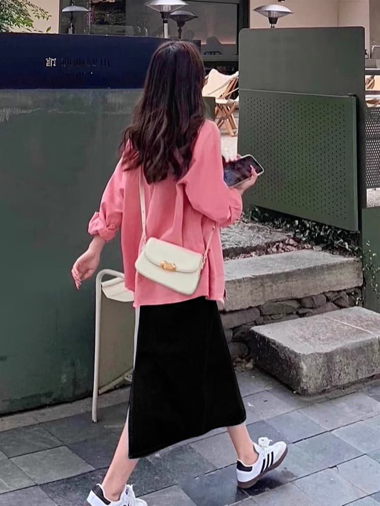 여름 드레스 새로운 빅 사이즈 여성 의류 한국 스타일 핑크색 셔츠 반신 스커트 캐주얼 투피스 슈트 이미지 2