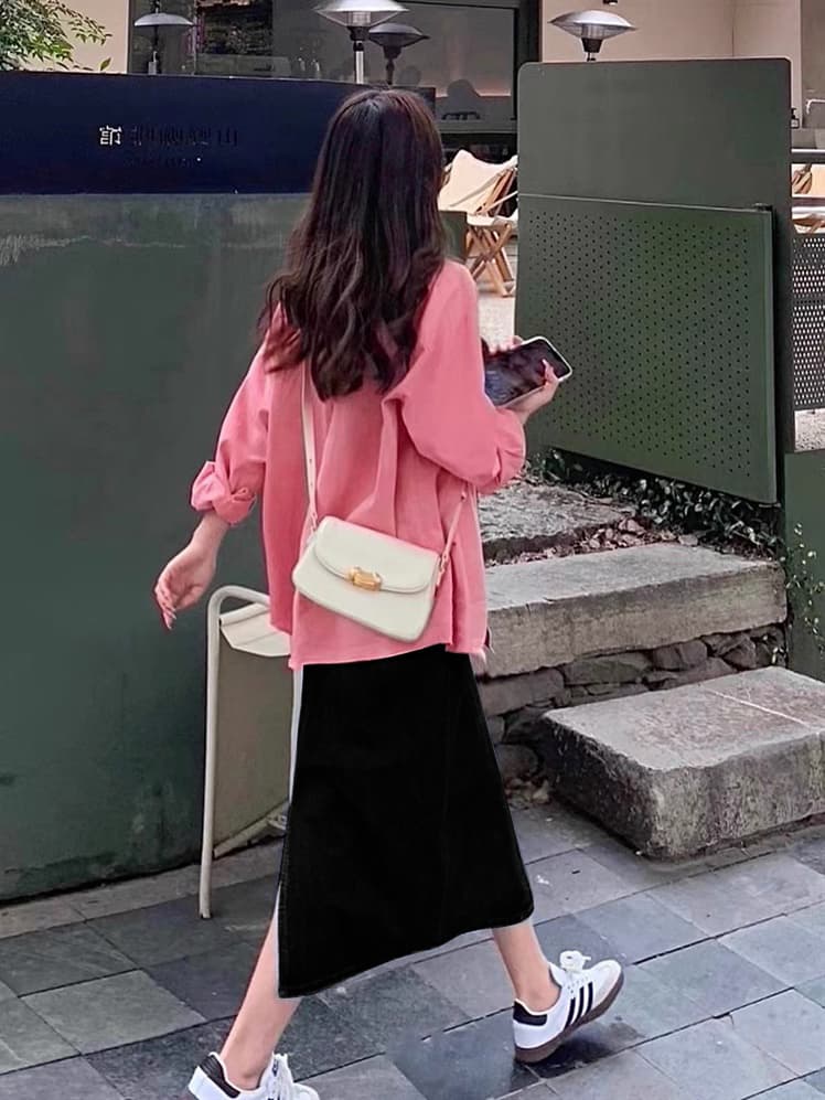 여름 드레스 새로운 빅 사이즈 여성 의류 한국 스타일 핑크색 셔츠 반신 스커트 캐주얼 투피스 슈트 상세 이미지 3