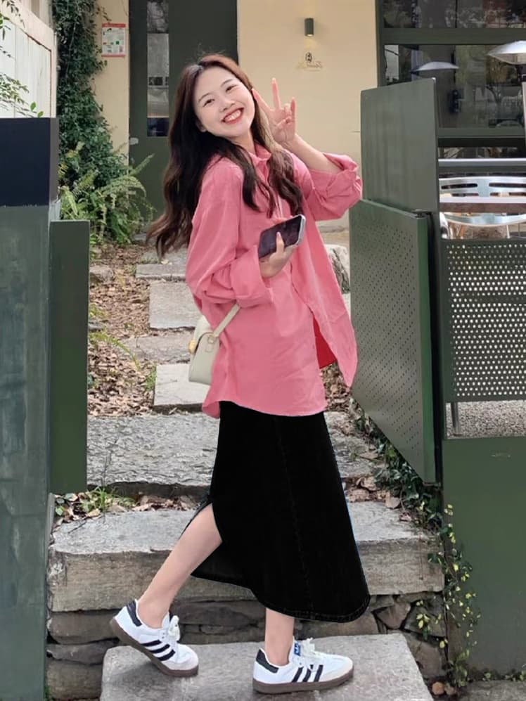 여름 드레스 새로운 빅 사이즈 여성 의류 한국 스타일 핑크색 셔츠 반신 스커트 캐주얼 투피스 슈트 상세 이미지 4
