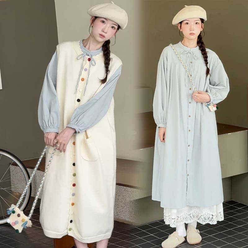 봄 드레스 한국 스타일 빅 사이즈 여성 의류 느긋한 바람 술 조끼 스커트 플리츠 레이스 업 셔츠 투피스 세트 이미지 2