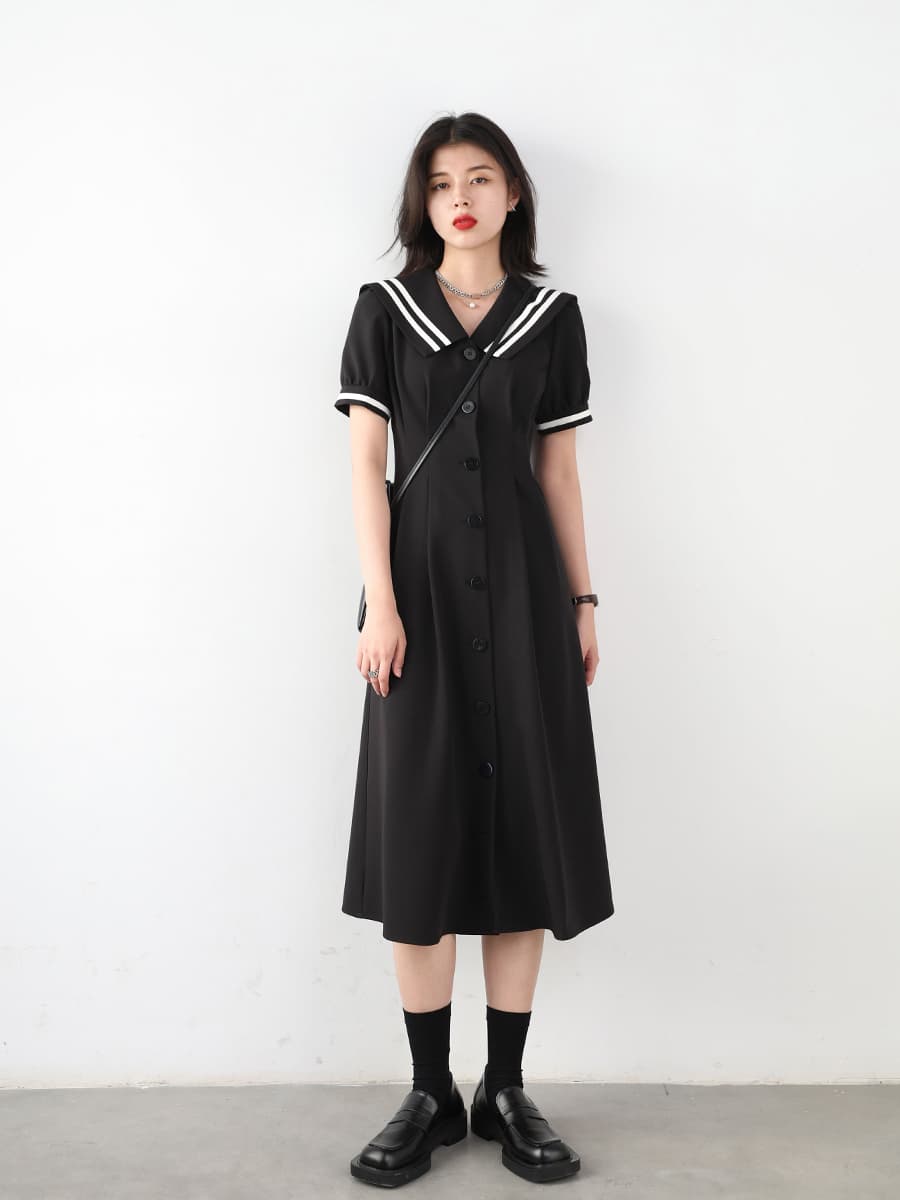 2026 여름 드레스 거품 소매 작은 검은 드레스 빅 사이즈 해군 칼라 드레스 지방 mm 허리 수축 A라인 스커트 m 4xl 200 kg 상세 이미지 4