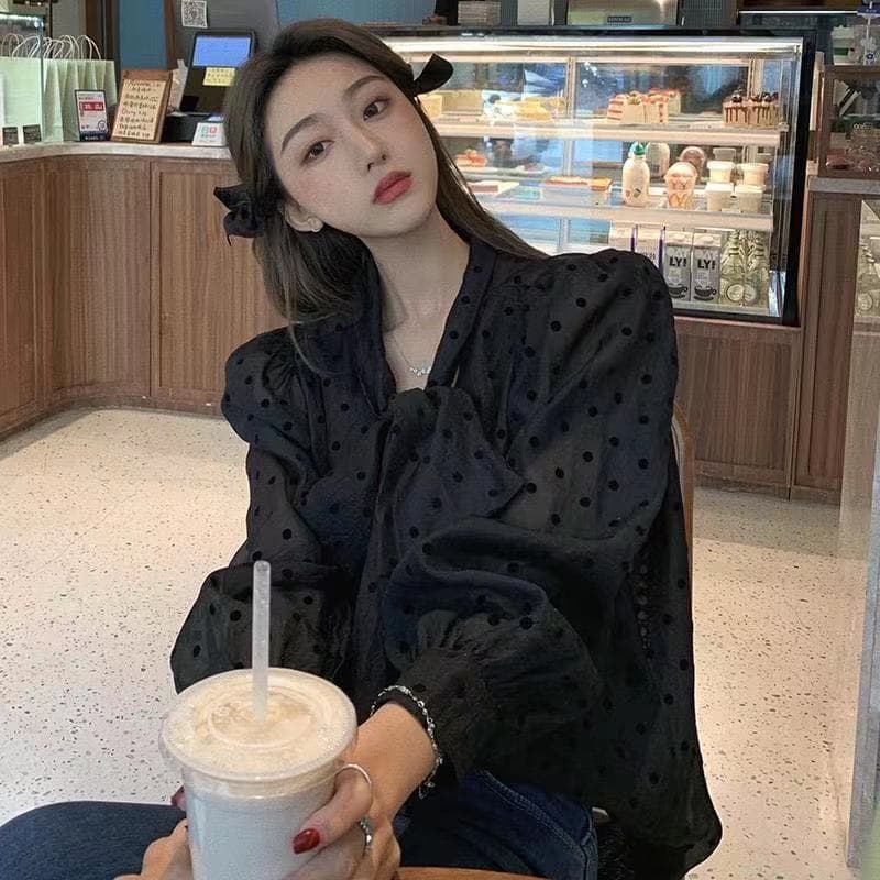 2026 가을 의상 새로운 빅 사이즈 여성 의류 도트 무늬 셔츠 나비 넥타이 거품 소매 맨위 상세 이미지 15