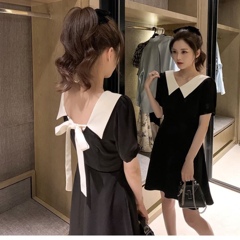 여름 새로운 빅 사이즈 베이비 칼라 오프숄더 나비 넥타이 드레스 그는 벤 바람 작은 검은 드레스 m-4xl200 근 이미지 5