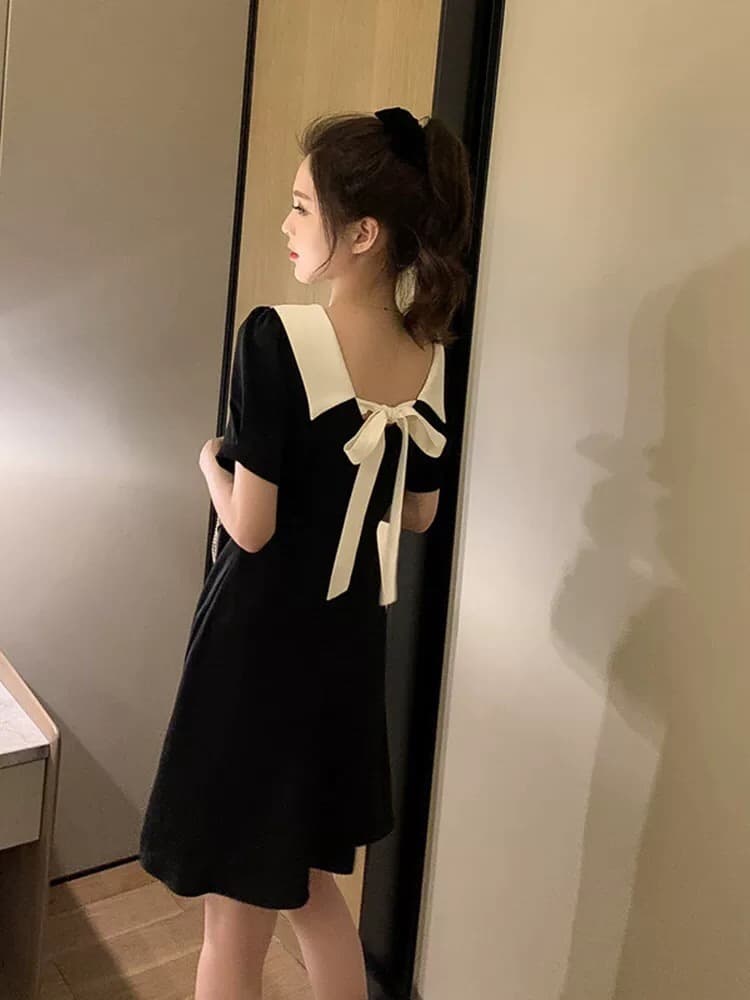 여름 새로운 빅 사이즈 베이비 칼라 오프숄더 나비 넥타이 드레스 그는 벤 바람 작은 검은 드레스 m-4xl200 근 이미지 2
