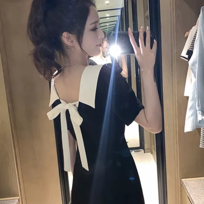 여름 새로운 빅 사이즈 베이비 칼라 오프숄더 나비 넥타이 드레스 그는 벤 바람 작은 검은 드레스 m-4xl200 근 이미지 4