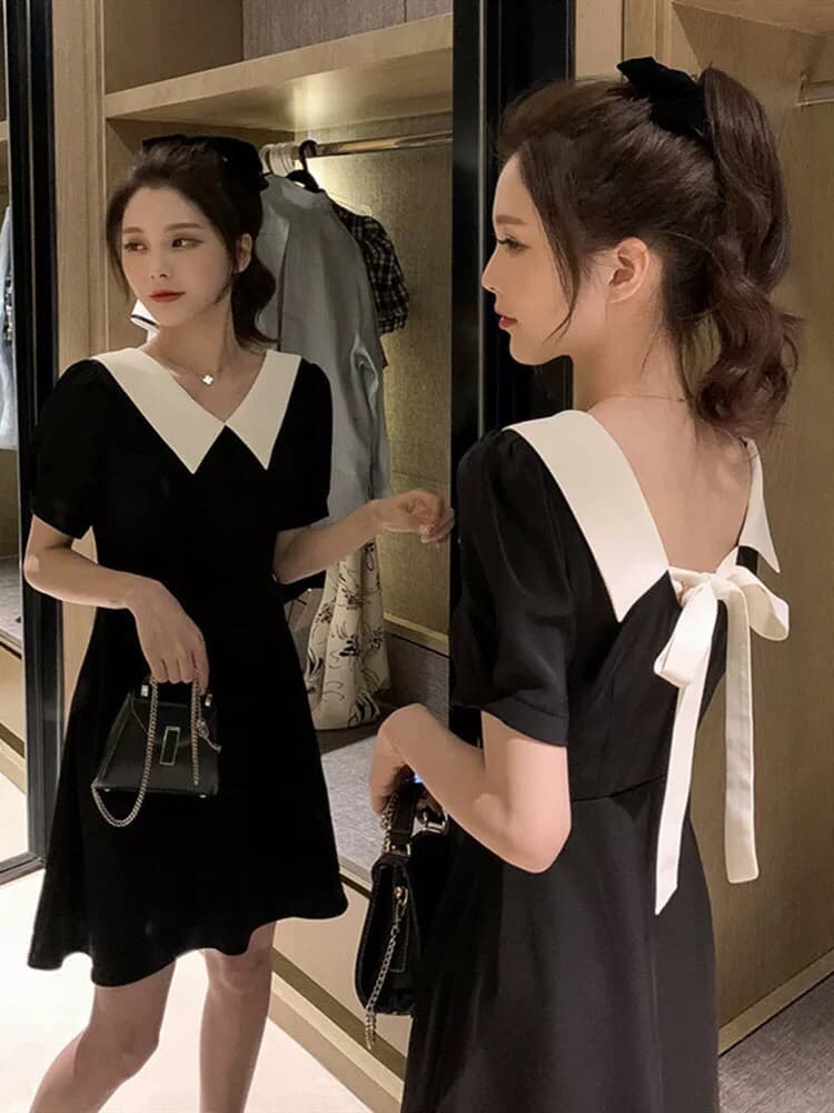 여름 새로운 빅 사이즈 베이비 칼라 오프숄더 나비 넥타이 드레스 그는 벤 바람 작은 검은 드레스 m-4xl200 근 상세 이미지 2