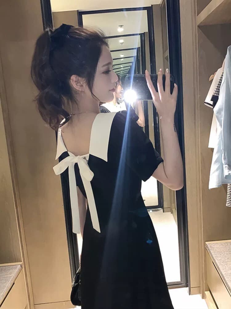여름 새로운 빅 사이즈 베이비 칼라 오프숄더 나비 넥타이 드레스 그는 벤 바람 작은 검은 드레스 m-4xl200 근 상세 이미지 3