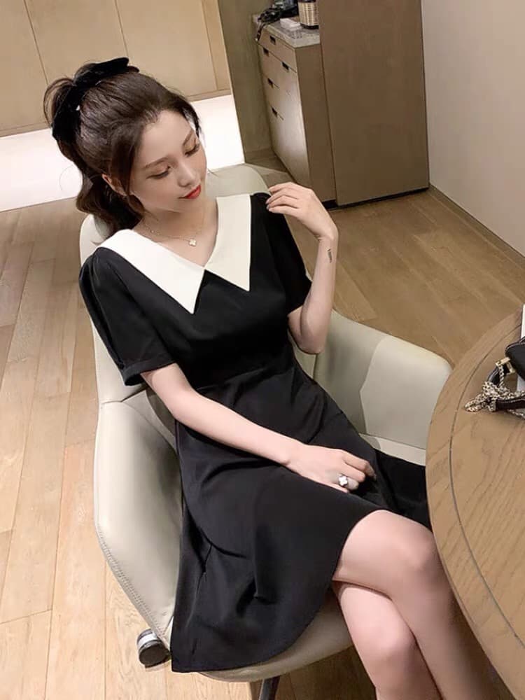 여름 새로운 빅 사이즈 베이비 칼라 오프숄더 나비 넥타이 드레스 그는 벤 바람 작은 검은 드레스 m-4xl200 근 상세 이미지 7