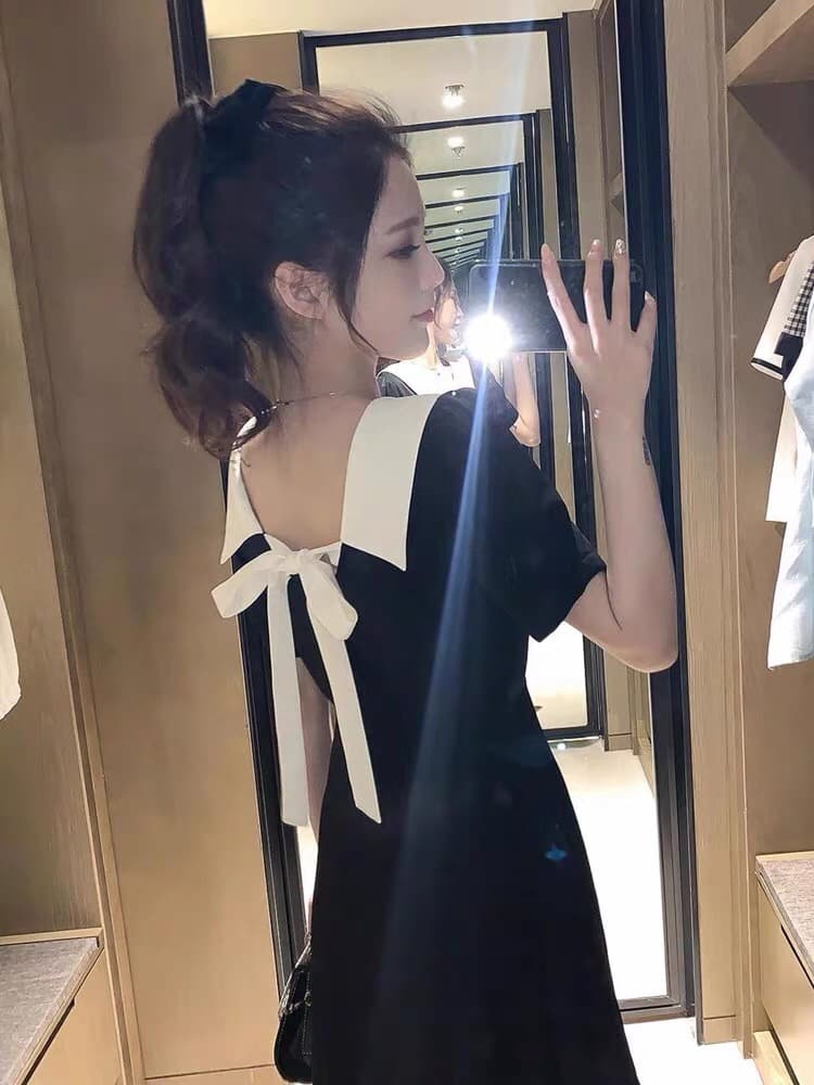 여름 새로운 빅 사이즈 베이비 칼라 오프숄더 나비 넥타이 드레스 그는 벤 바람 작은 검은 드레스 m-4xl200 근 상세 이미지 8
