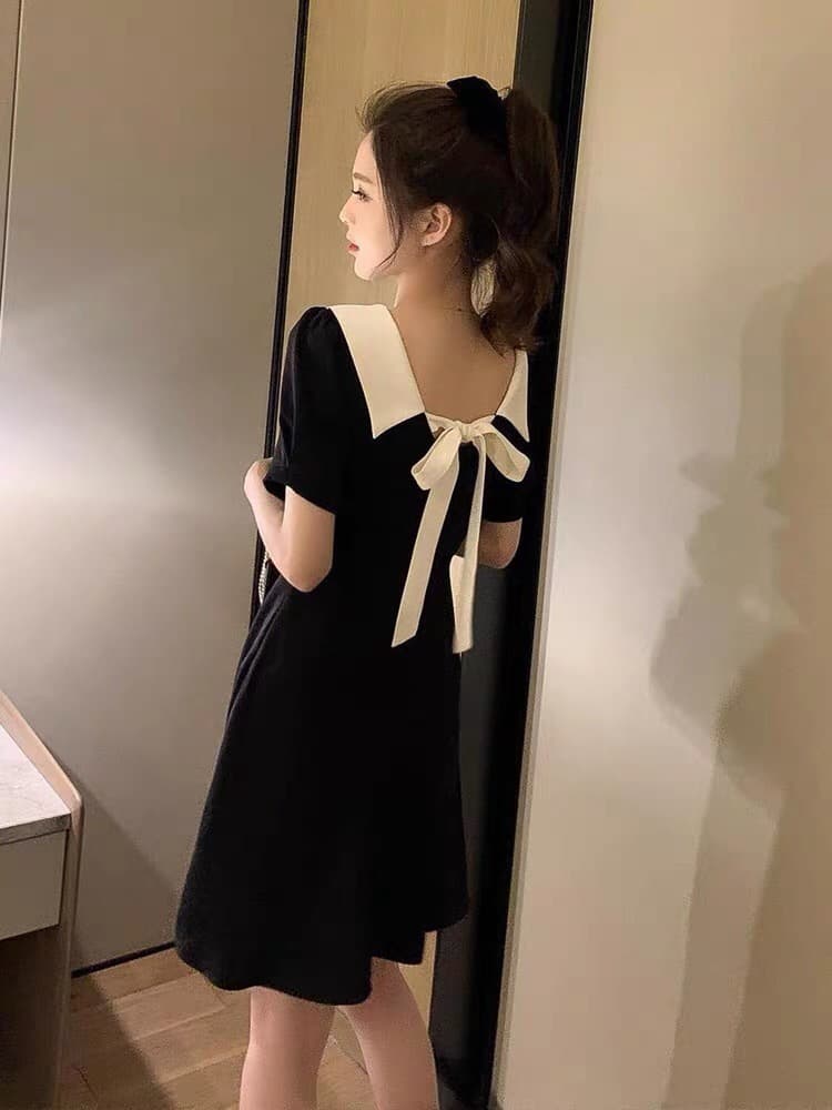 여름 새로운 빅 사이즈 베이비 칼라 오프숄더 나비 넥타이 드레스 그는 벤 바람 작은 검은 드레스 m-4xl200 근 상세 이미지 9