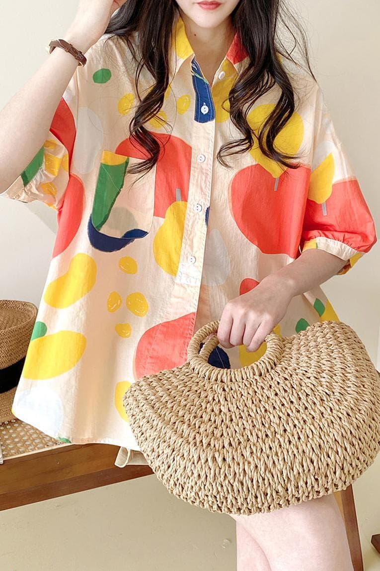 여름 드레스 새로운 빅 사이즈 여성 의류 출퇴근 폴로 칼라 페인팅 낙서 고급 면 셔츠 맨위 이미지 2