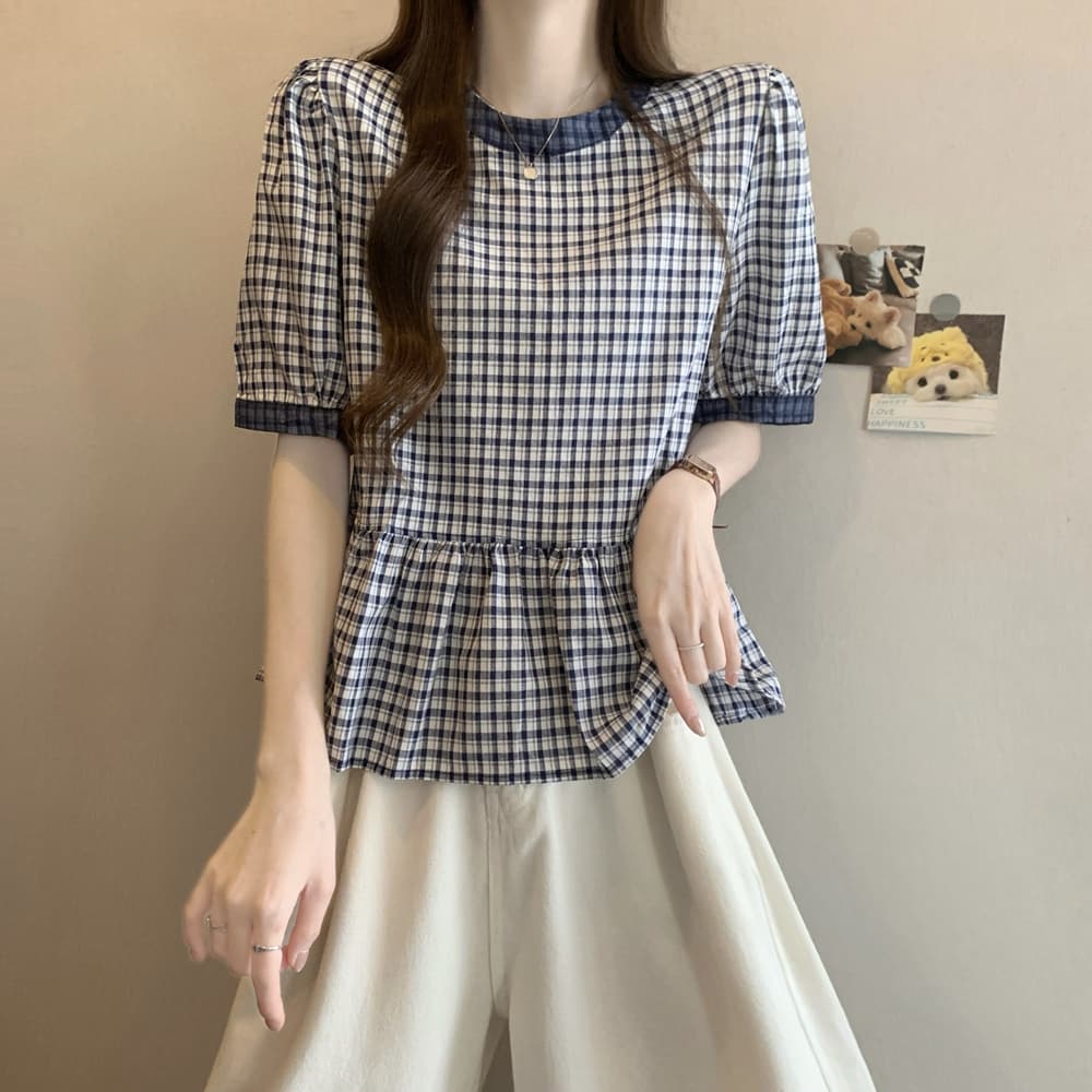 실사 여름 드레스 일본과 한국 빛 럭셔리 연령 감소 라운드 넥 반팔 인형 셔츠 레트로 격자 무늬 셔츠 슈퍼 잘 생긴 치마 작은 셔츠 상세 이미지 2