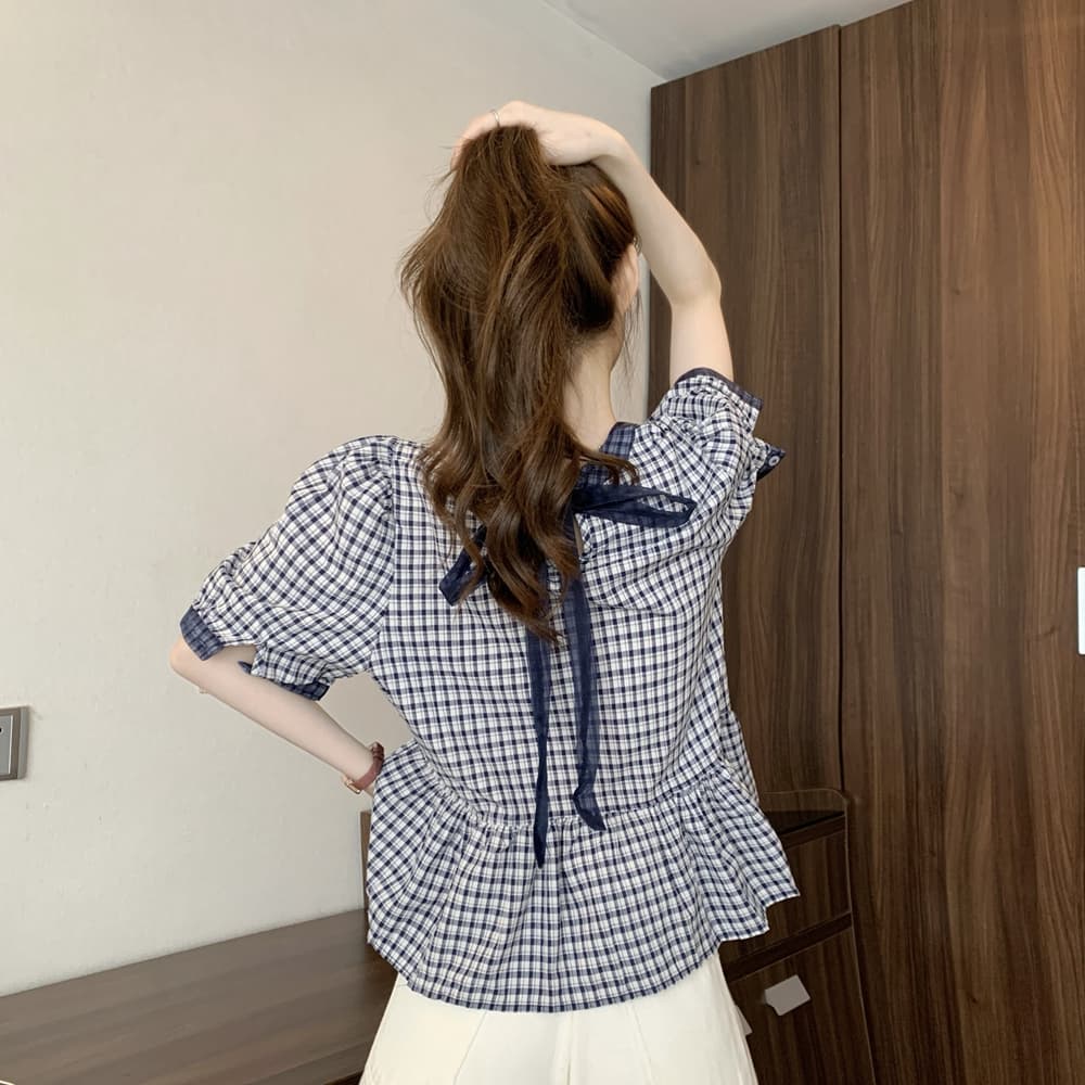 실사 여름 드레스 일본과 한국 빛 럭셔리 연령 감소 라운드 넥 반팔 인형 셔츠 레트로 격자 무늬 셔츠 슈퍼 잘 생긴 치마 작은 셔츠 상세 이미지 11