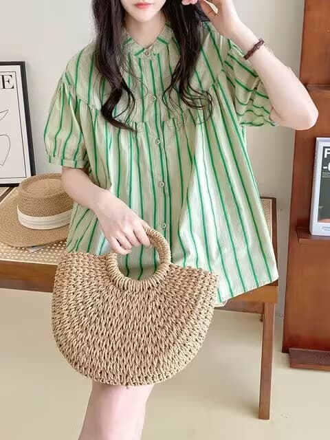 여름 드레스 새로운 스트라이프 셔츠 한국 스타일 출퇴근 스탠드 칼라 벌룬 소매 사탕 색상 반팔 인형 셔츠 상세 이미지 4