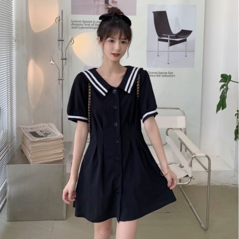 실사 거품 소매 작은 검은 드레스 빅 사이즈 해군 칼라 드레스 지방 mm 허리 수축 슬림해 보이는 A라인 스커트 이미지 5