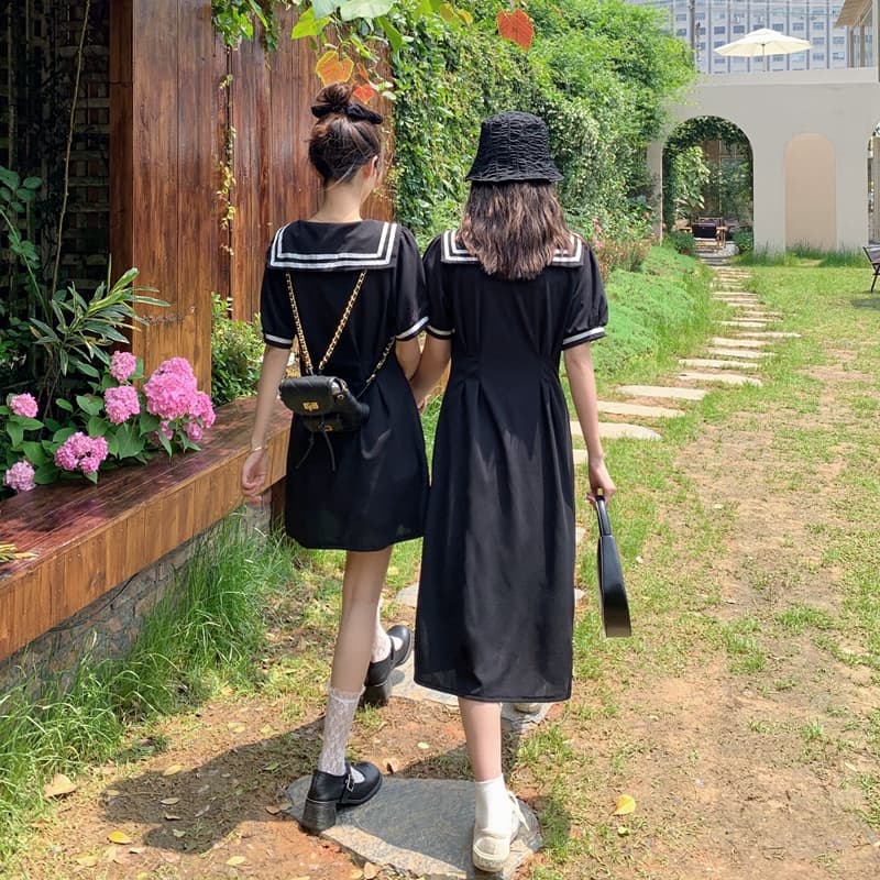 실사 거품 소매 작은 검은 드레스 빅 사이즈 해군 칼라 드레스 지방 mm 허리 수축 슬림해 보이는 A라인 스커트 상세 이미지 12