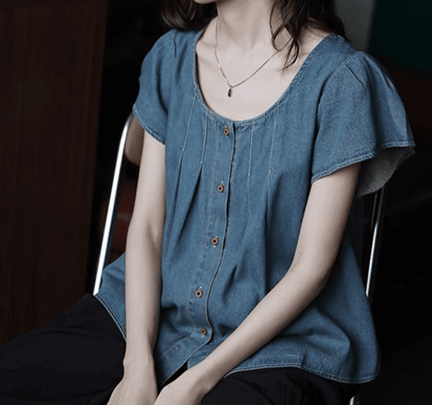 여름 드레스 새로운 작은 날다 소매 얇은 스타일 데님 여성 셔츠 루즈핏 셔츠 품격 품격 디자인 센스 맨위 이미지 4